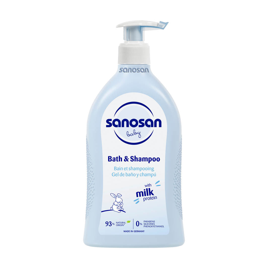 Sanosan Baby Bath & Shampoo with natural milk protein, intended for infants.