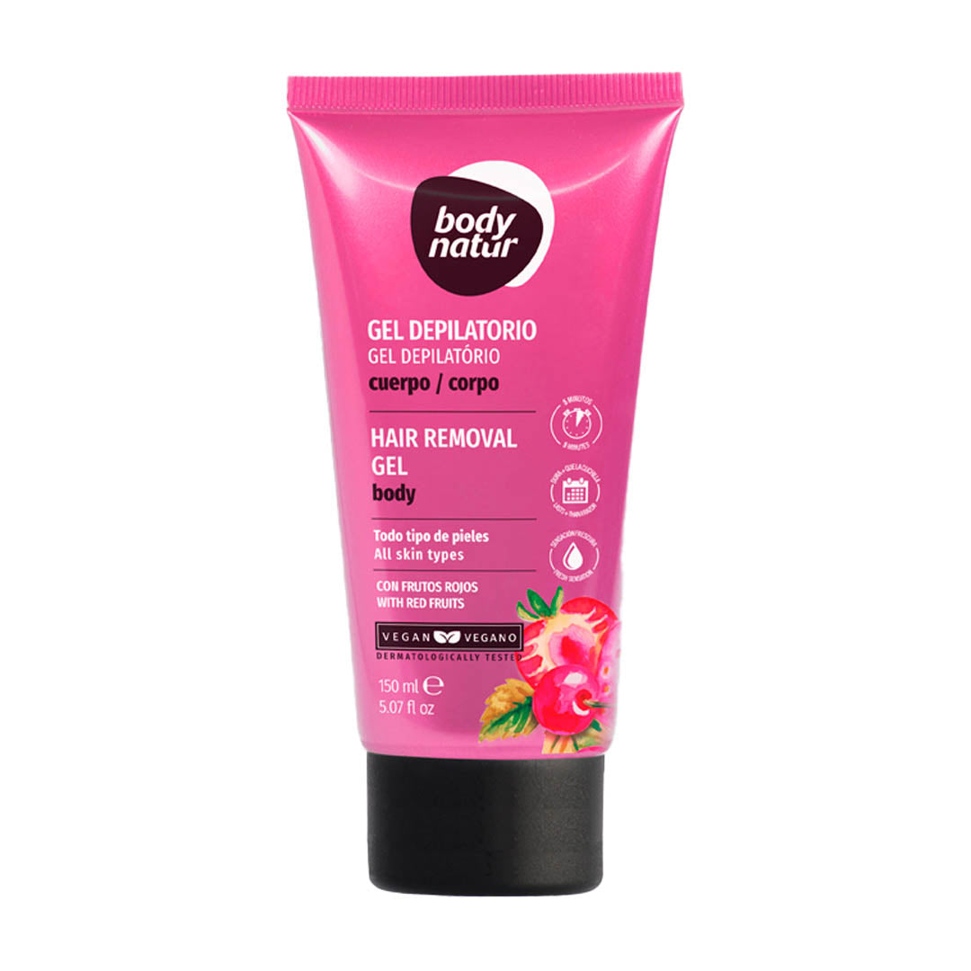HAIR REMOVAL GEL BODY WITH RED FRUITS Discover the new way to remove unwanted hair with Body Natur’s innovative hair removal gel. Enjoy a pleasant scent and unbeatable freshness during hair removal. Gives perfect, easy and painless results after 5 minutes. Enriched with Red Fruits Dermatologically tested.