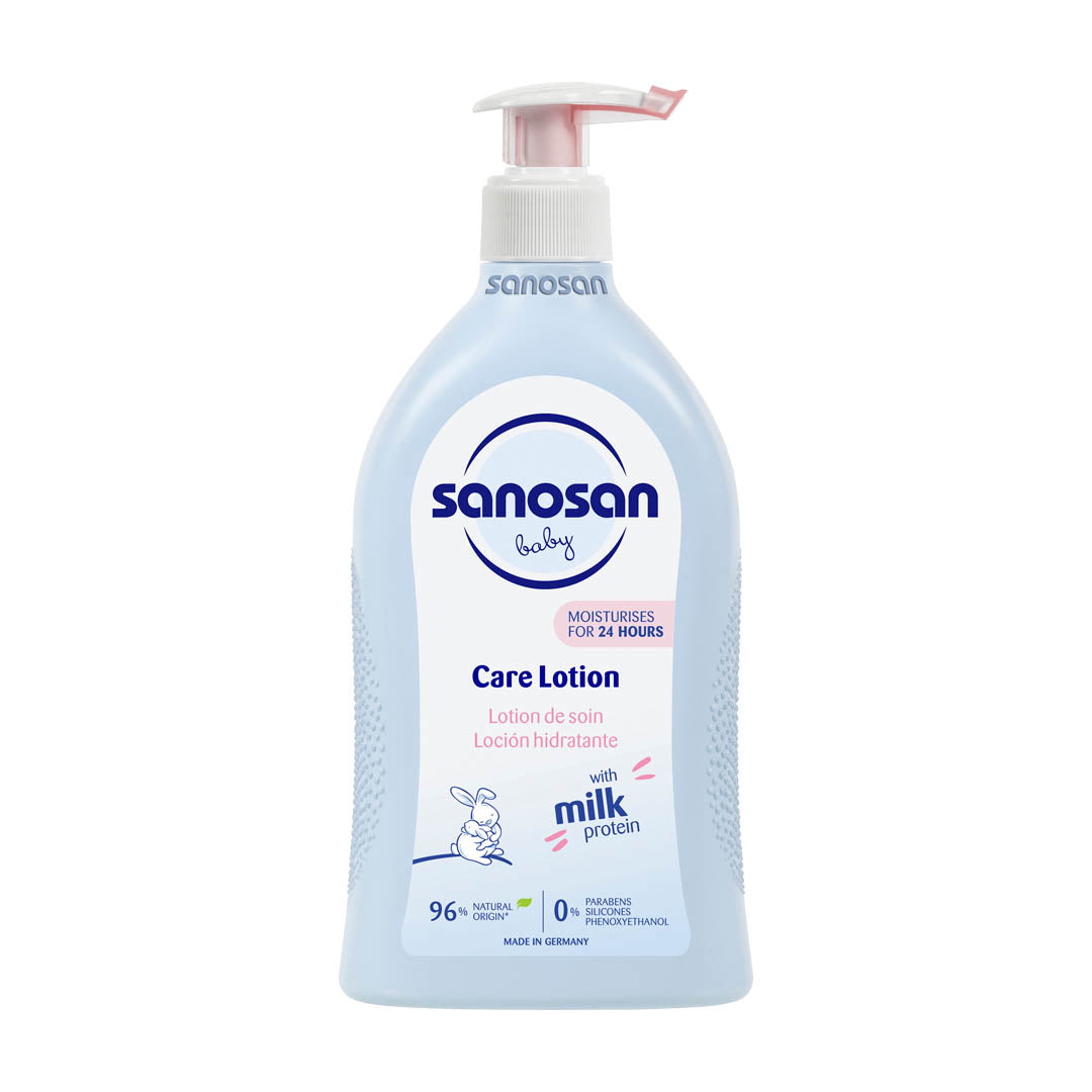 Sanosan Baby Care Lotion with natural milk protein, intended for moisturizing and caring for baby's skin.