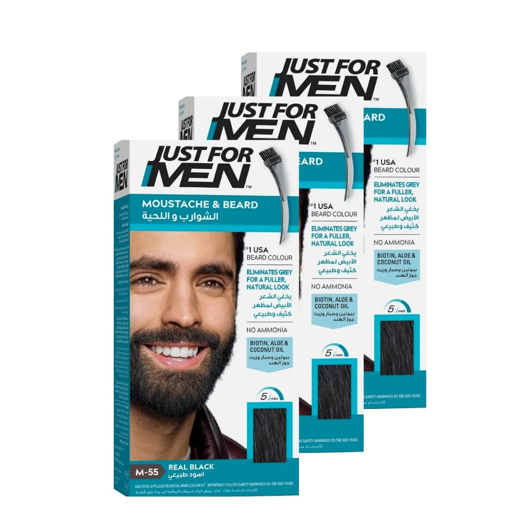 Just For Men x 3 Brush-In Color Gel Mustache & Beard Real Black M-55