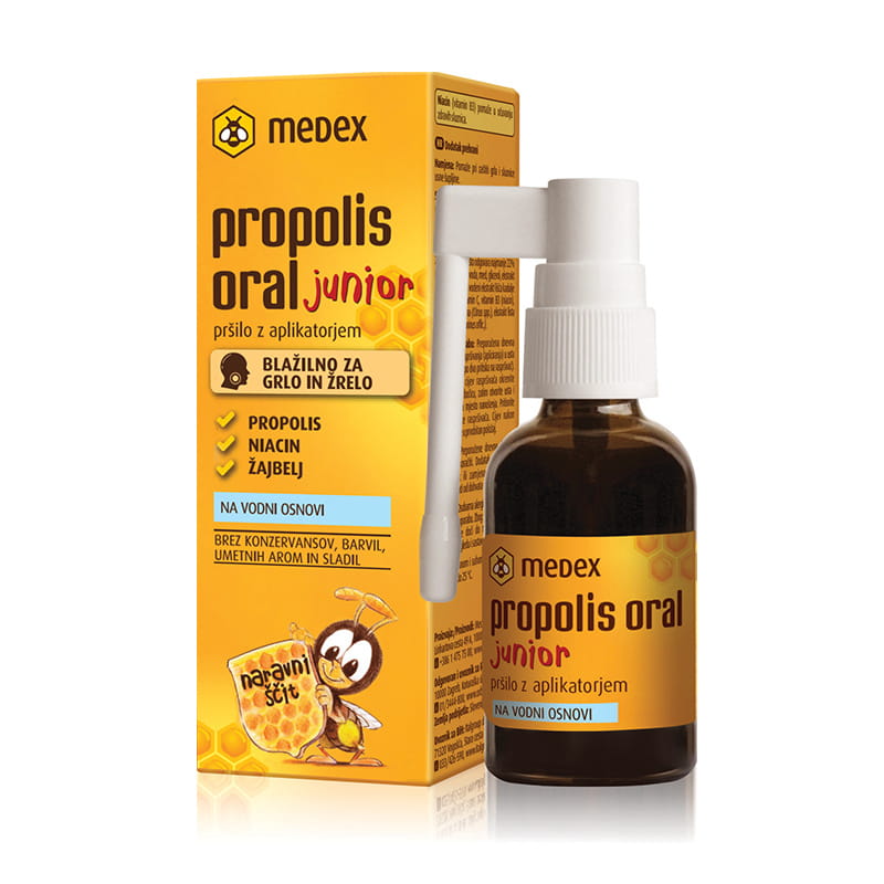 Medex Propolis Oral Junior Water-Based Spray With Applicator, 30Ml from iHealth UAE It prevents and cures sore throat in children, and helps to heal inflamed mouth mucous membranes. It is also perfect for inflamed gums and for curing oral ulcers and cold sores.