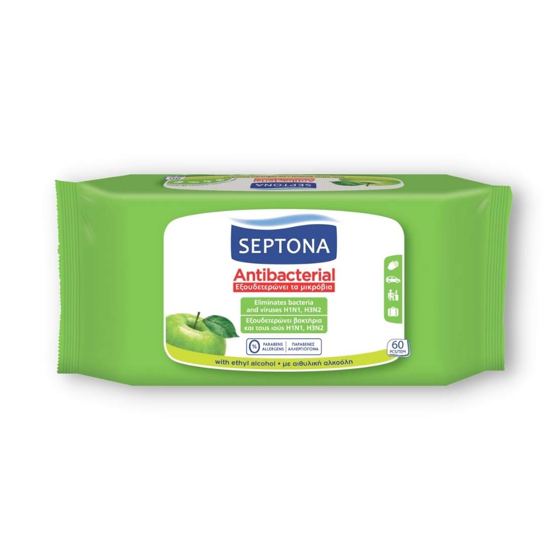 Антибактериальные салфетки Septona с ароматом зеленого яблока, 60 салфеток