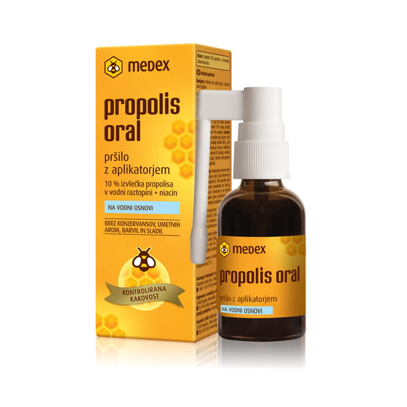 Medex Propolis Oral Water-Based Spray With Applicator, 30Ml from iHealth UAE contributes to the maintenance of normal mucous membranes, and sage water extract. It has preventive and healing effects on a sore throat and cures mouth mucous and gum inflammation. It also helps to cure oral ulcers and cold sores.