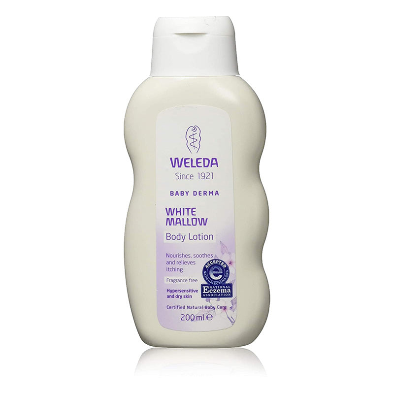 Weleda Baby Derma White Mallow Body Lotion 200Mlwraps baby in a cooling protective layer, kind-hearted pansy extract soothes irritation, and organic coconut and sesame oils nurture the skin. The fragrance-free body lotion relieves itchiness and provides a pleasant cooling sensation on the skin