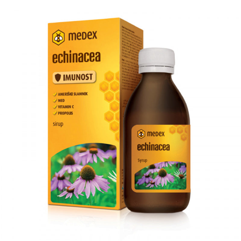 Medex Echinacea Syrup 140Ml from iHealth UAE Food supplement - Syrup with echinacea, honey, vitamin C, and propolis.  Vitamin C contributes to the normal function of the immune system and to the protection of cells from oxidative stress. It also contributes to the reduction of tiredness and fatigue